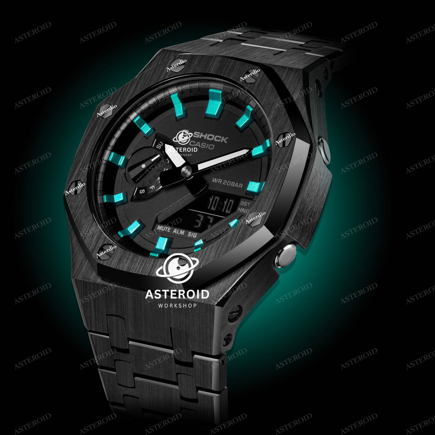 Black Case Metal Strap Turquoise Time Mark Black Dial