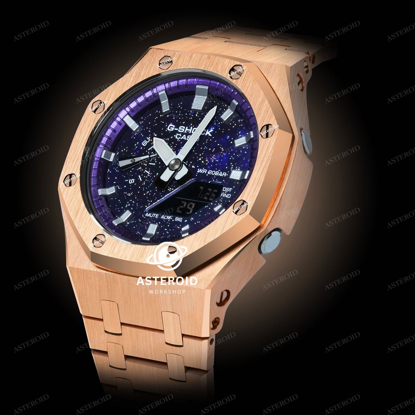 Rose Gold Case Metal Strap Purple Silver Time Galaxy Dial