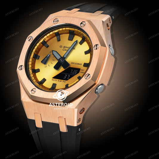 Rose Gold Case Rubber Strap Gold Black Time Mark Gold Dial