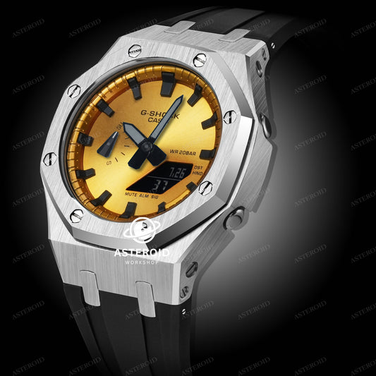 Silver Case Rubber Strap Gold Black Time Mark Gold Dial