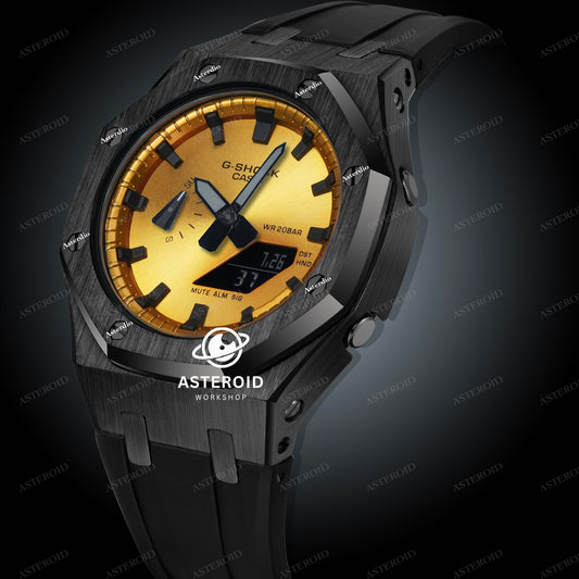 Black Case Rubber Strap Gold Black Time Mark Gold Dial