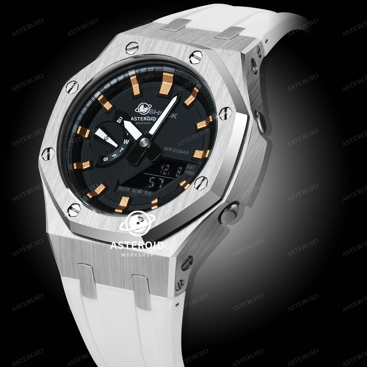 Silver Case Rubber Strap Rose Gold Time Mark Black Dial