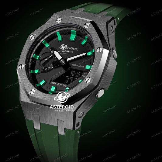 Grey Case Rubber Strap Green Time Mark Black Dial