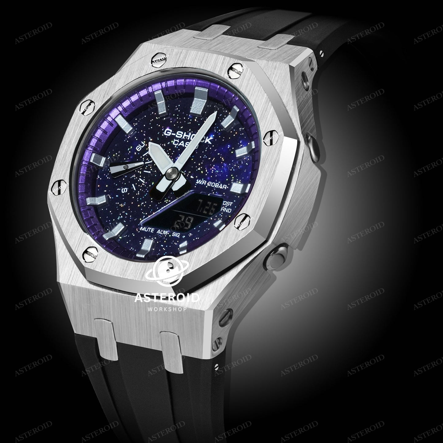 Silver Case Black Strap Purple Silver Time Galaxy Dial