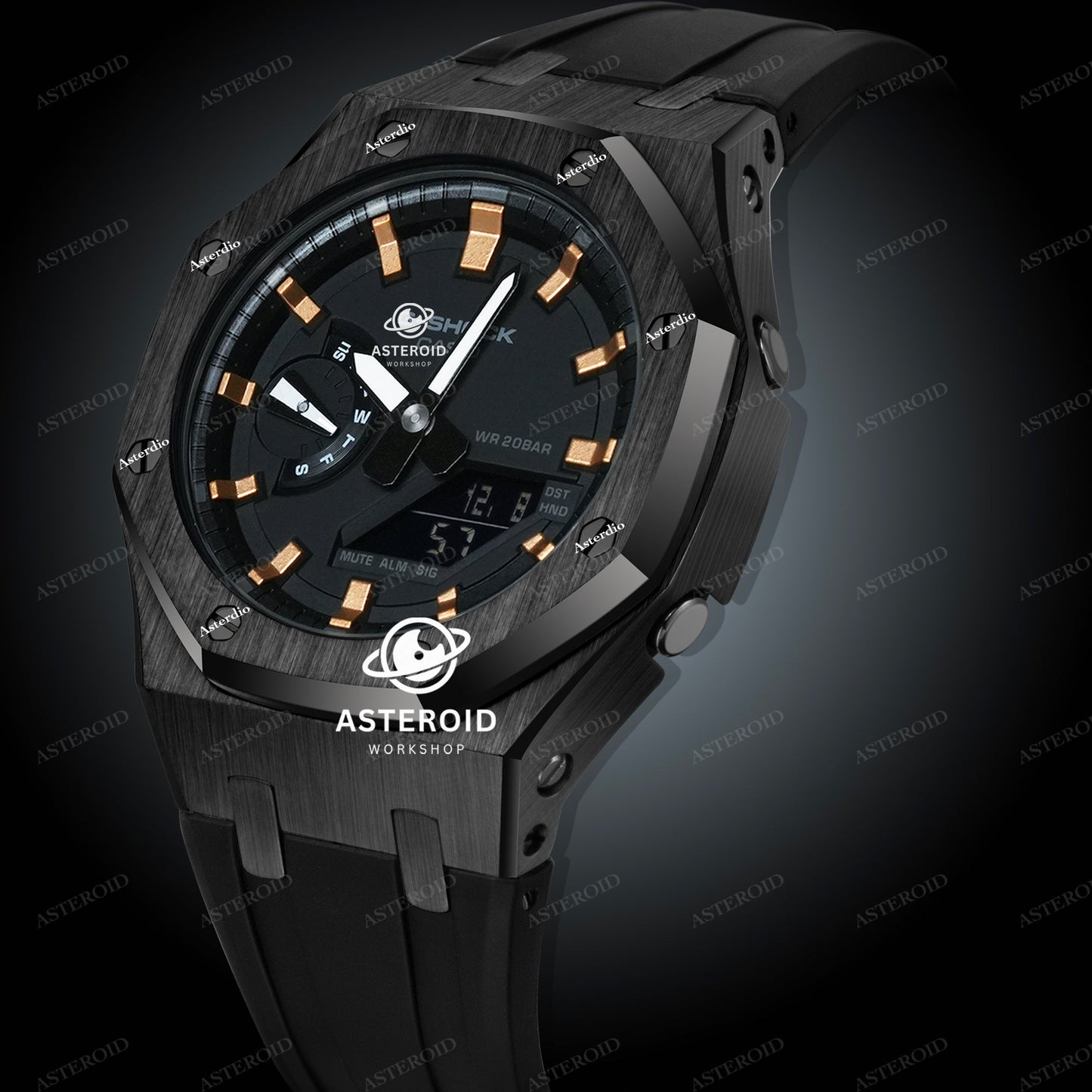 Black Case Rubber Strap Rose Gold Time Mark Black Dial