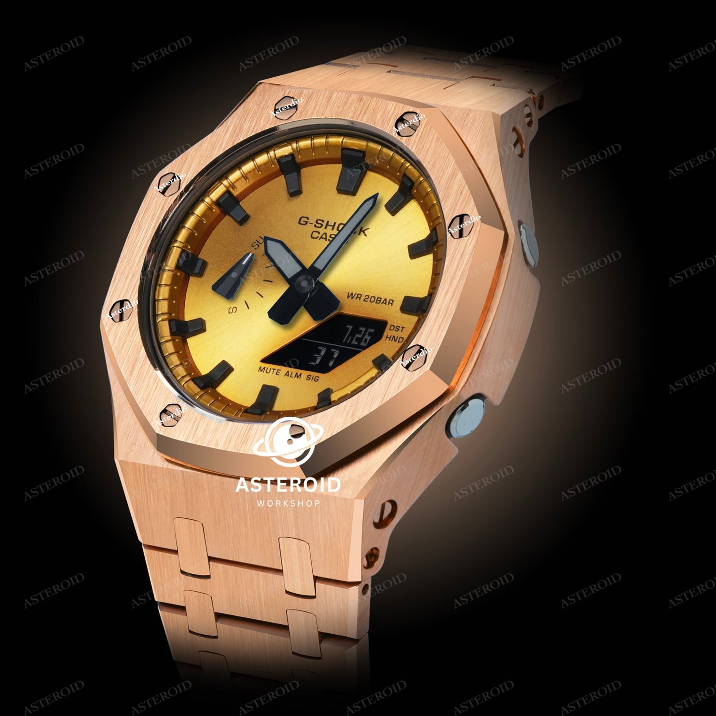 Rose Gold Case Metal Strap Gold Black Time Mark Gold Dial