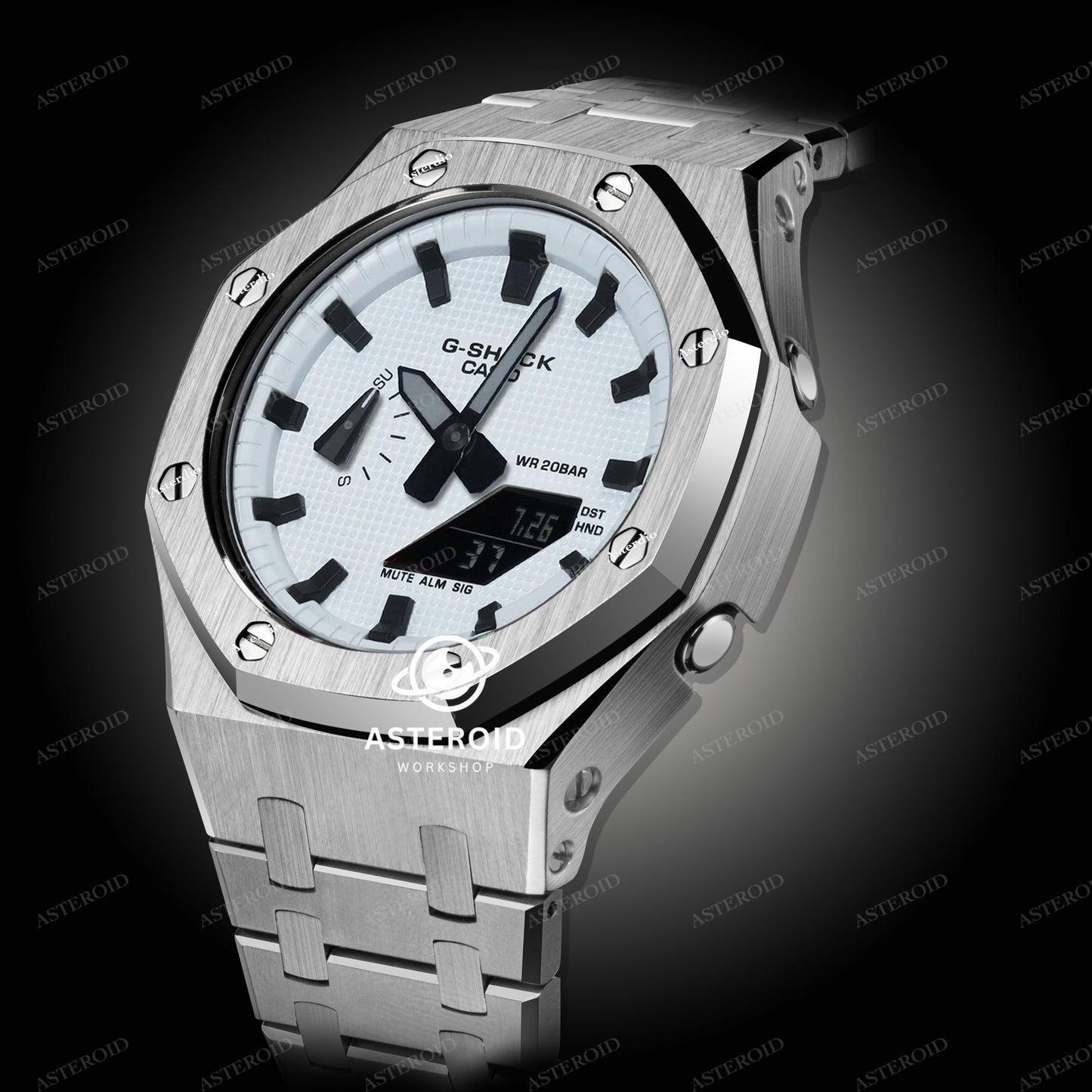 Silver Case Metal Strap White Black Time Mark White Dial