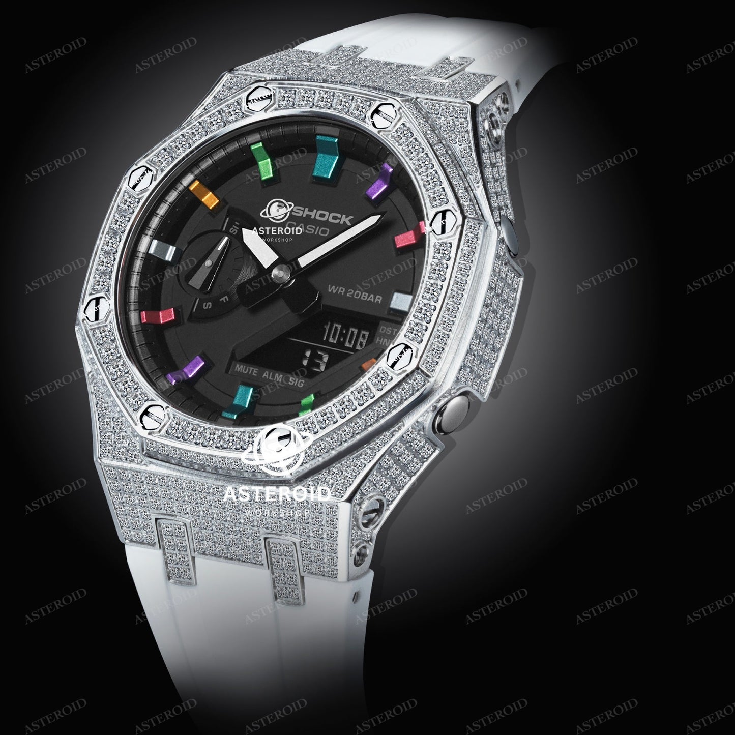 Diamond Case White Strap Rainbow Time Mark Black Dial