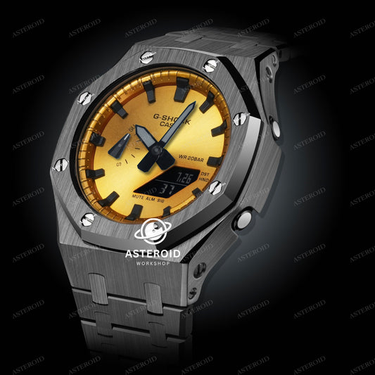 Grey Case Metal Strap Gold Black Time Mark Gold Dial