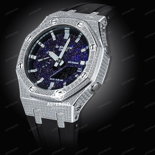 Diamond Case Black Strap Silver Time Mark Galaxy Dial