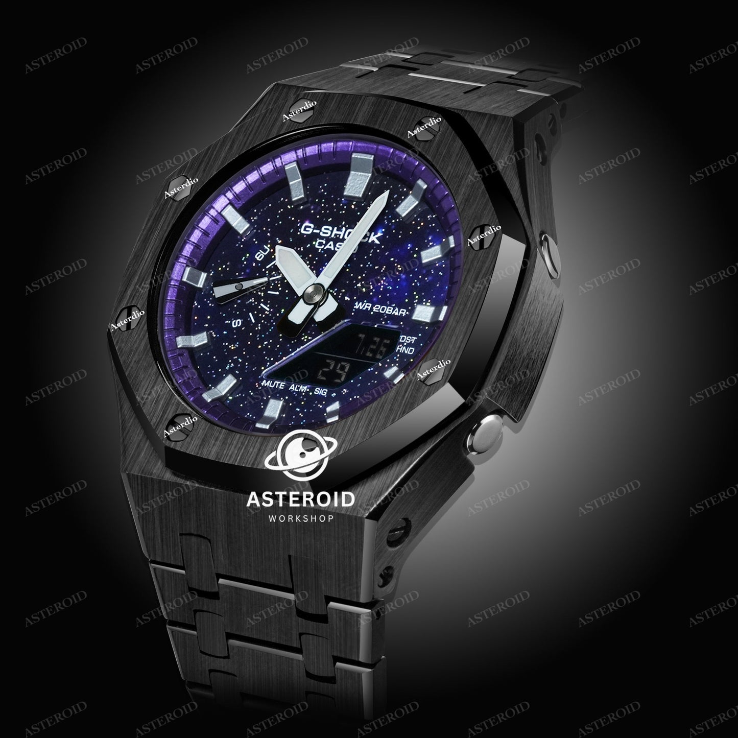 Black Case Metal Strap Purple Silver Time Galaxy Dial