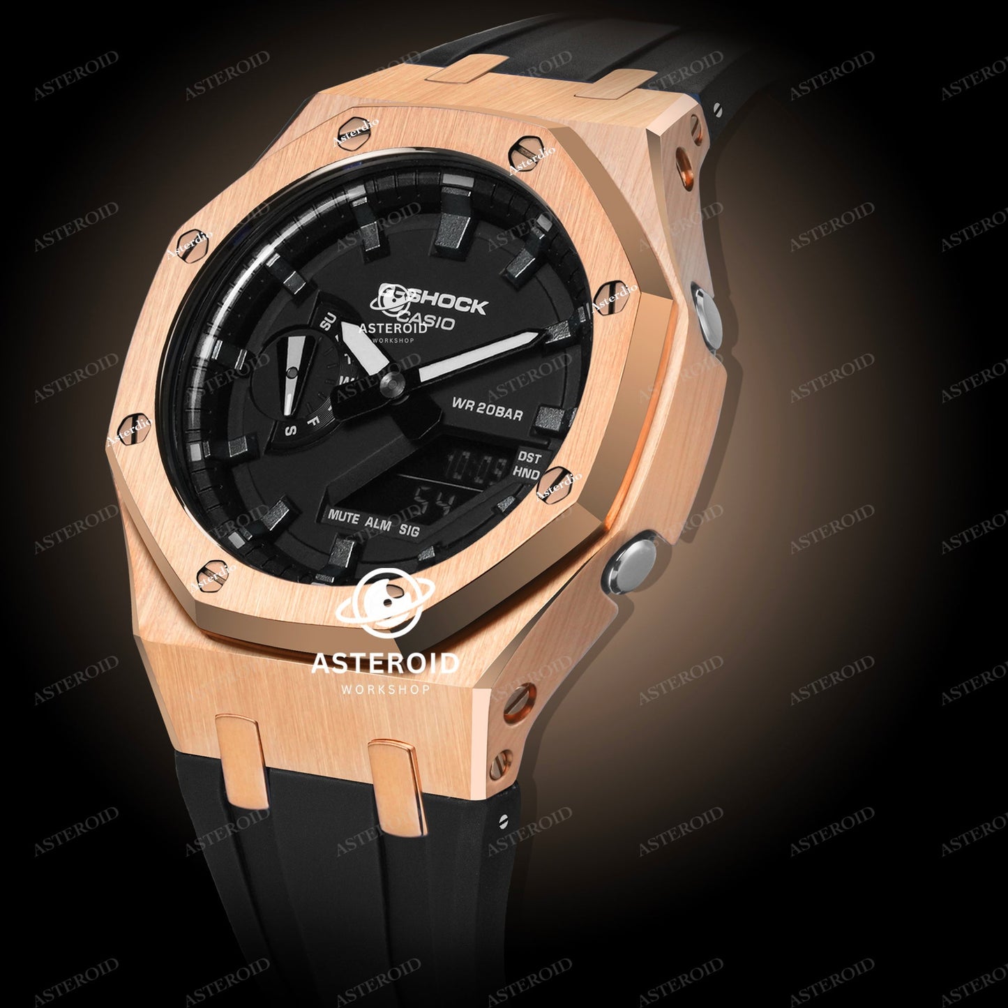 Rose Gold Case Rubber Strap Meteorite Time Mark Black Dial