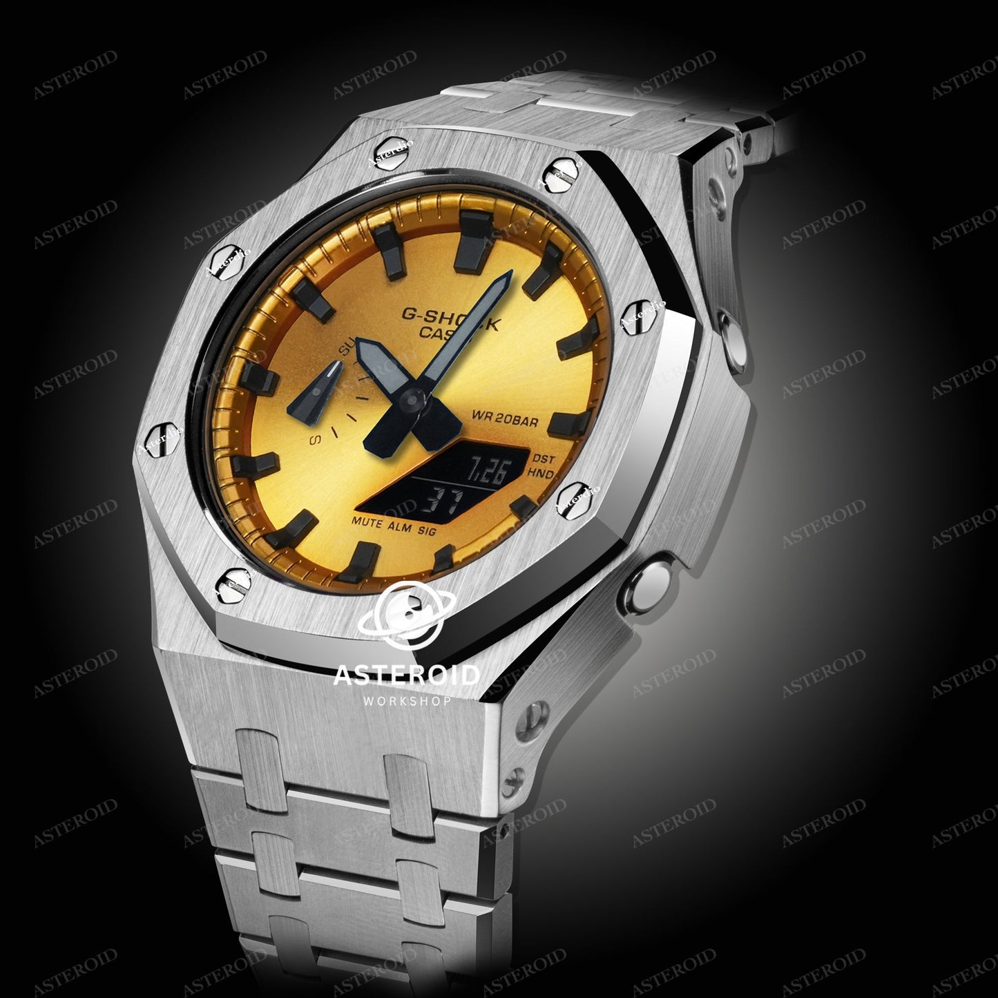 Silver Case Metal Strap Gold Black Time Mark Gold Dial