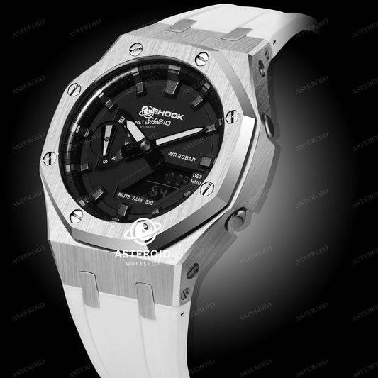 Silver Case Rubber Strap Meteorite Time Mark Black Dial