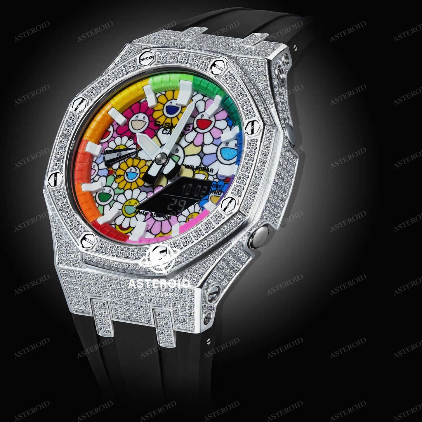 Diamond Case Black Strap Rainbow White Time Mark Takashi Murakami Dial