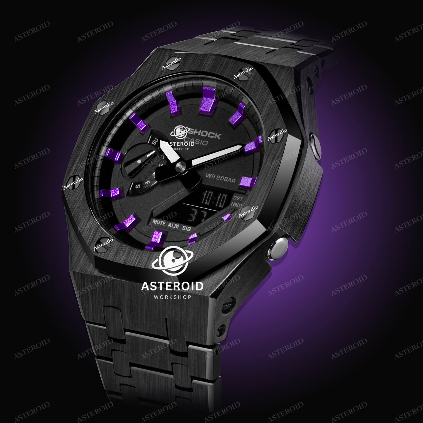 Black Case Metal Strap Purple Time Mark Black Dial