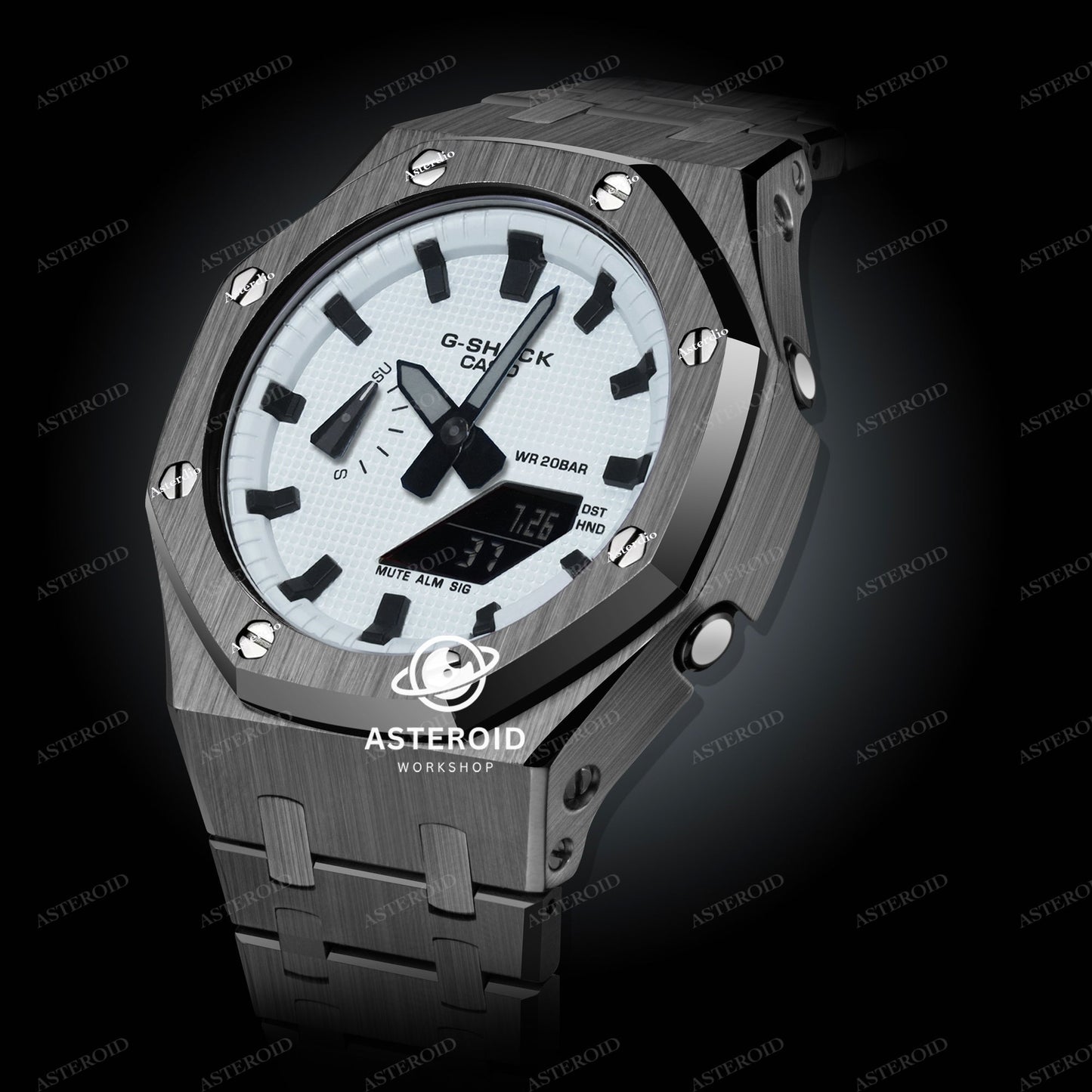 Grey Case Metal Strap White Black Time Mark White Dial