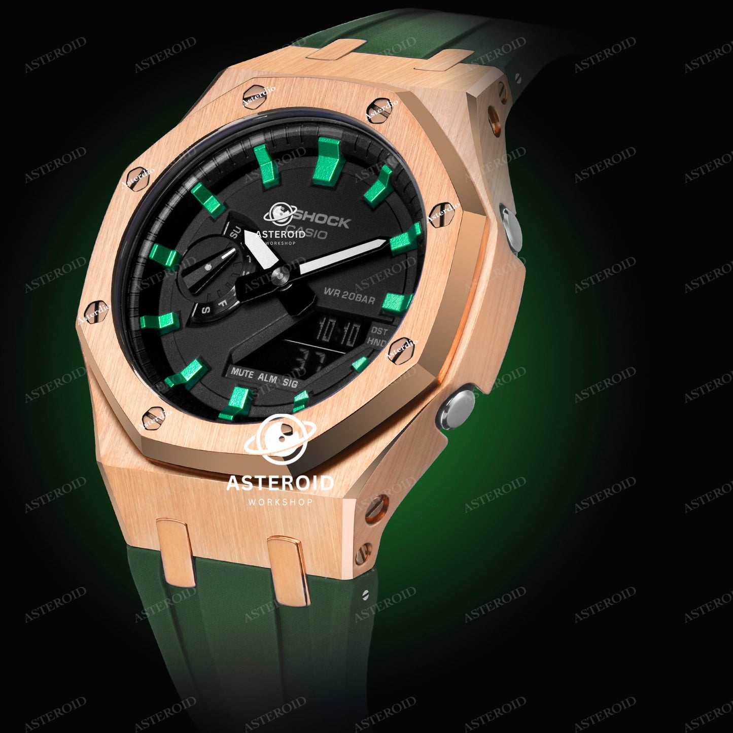 Rose Gold Case Rubber Strap Green Time Mark Black Dial