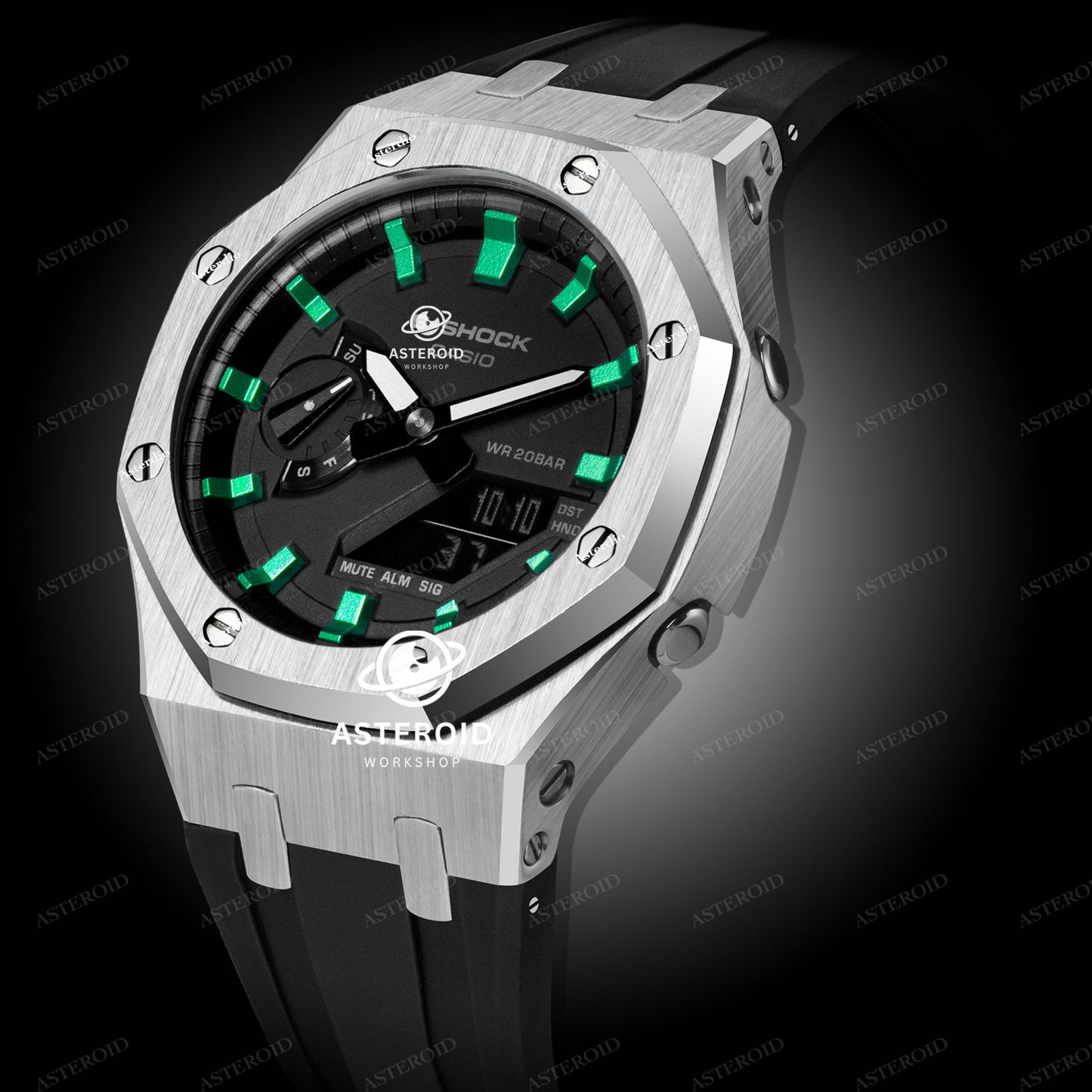 Silver Case Rubber Strap Green Time Mark Black Dial