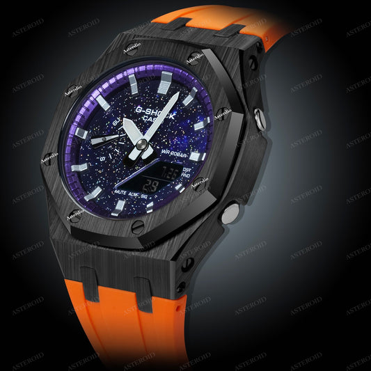 Black Case Orange Strap Purple Silver Time Galaxy Dial