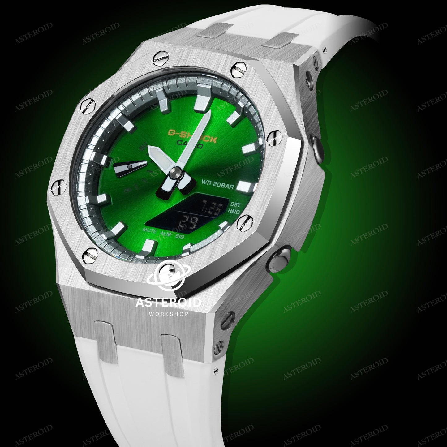 Silver Case White Strap Silver Time Mark Green Dial