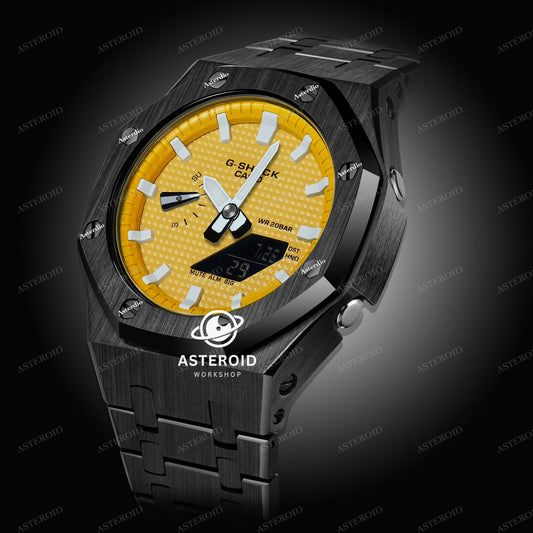 Black Case Metal Strap Yellow White Time Mark Yellow Dial