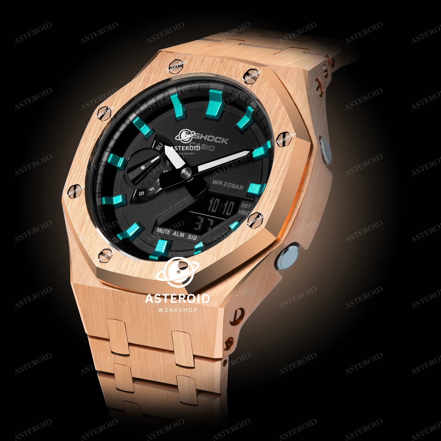 Rose Gold Case Metal Strap Turquoise Time Mark Black Dial