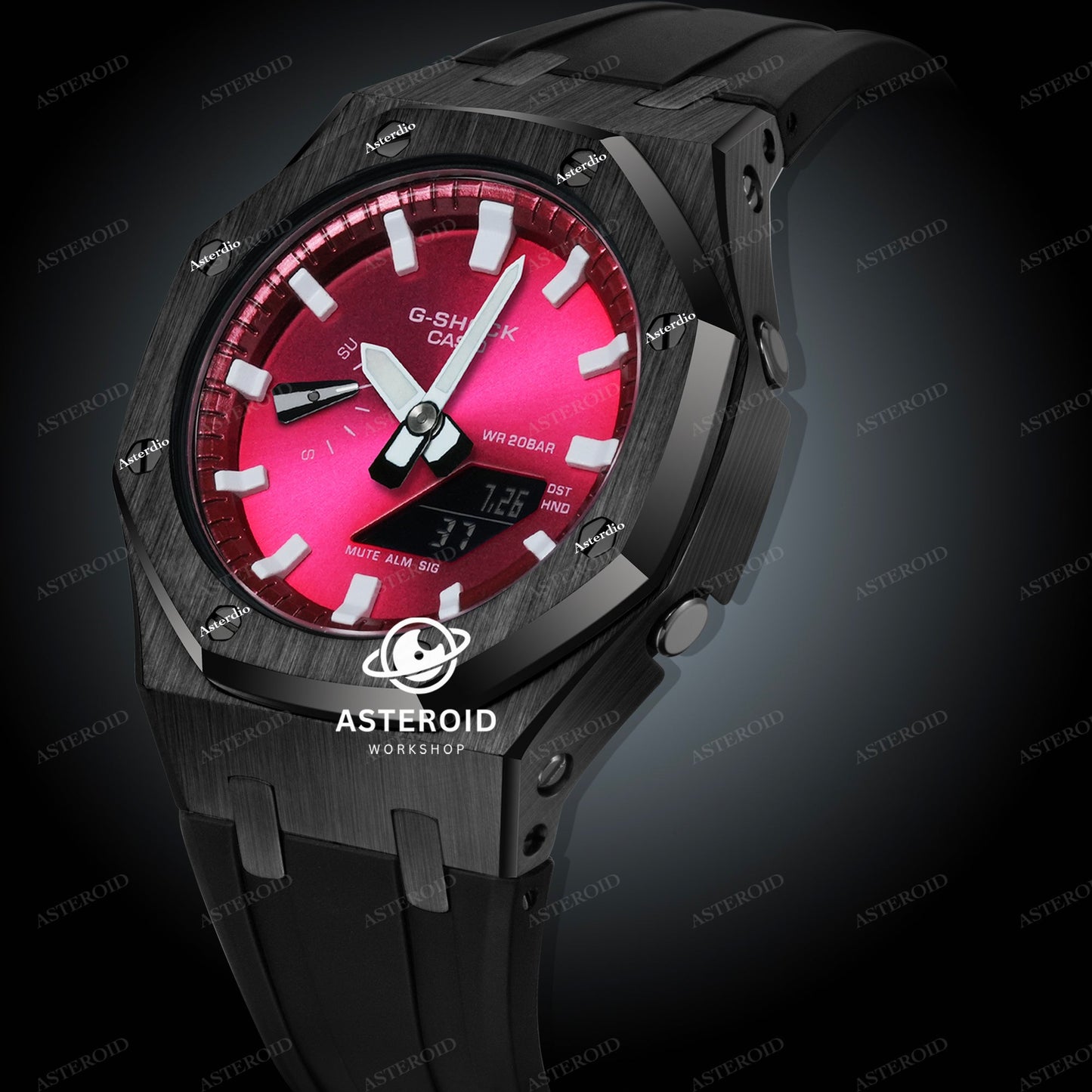 Black Case Rubber Strap Red White Time Mark Red Dial