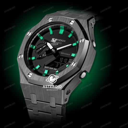 Grey Case Metal Strap Green Time Mark Black Dial