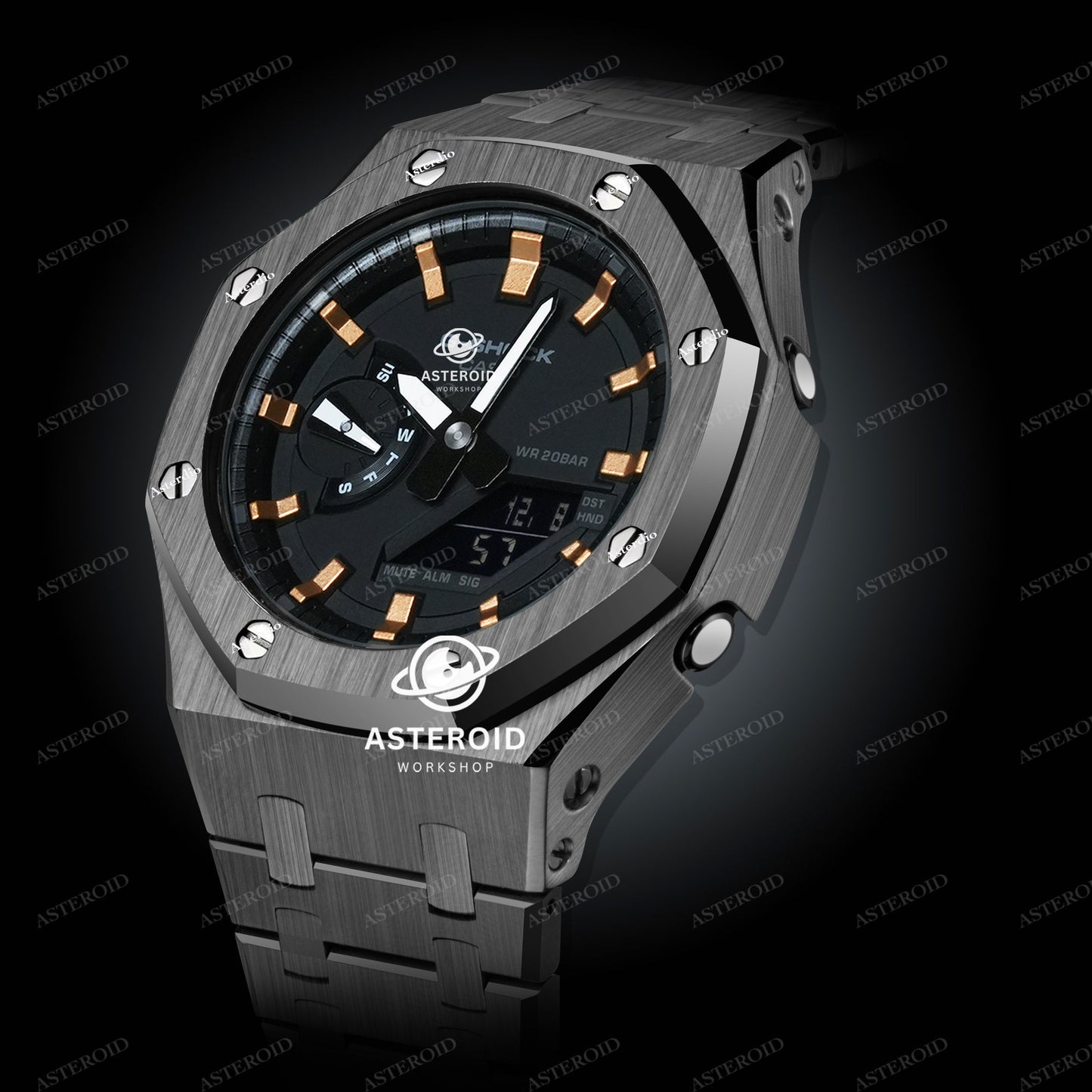 Grey Case Metal Strap Rose Gold Time Mark Black Dial