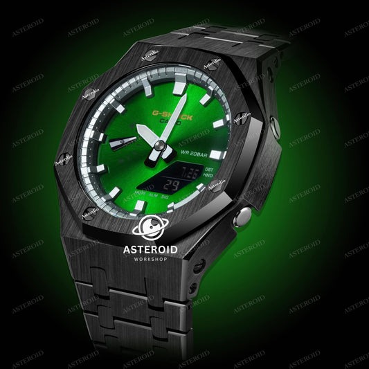 Black Case Metal Strap Double Sliver Time Mark Green Dial