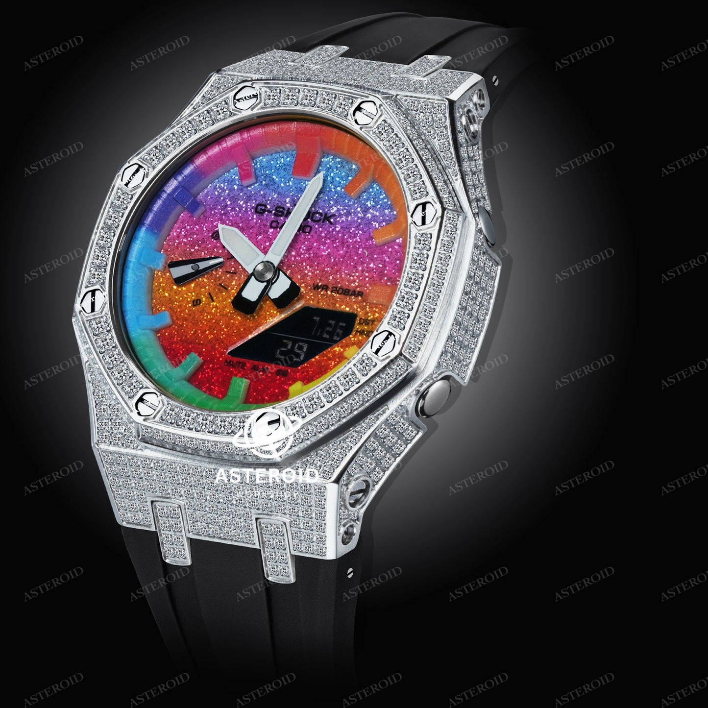 Diamond Case Black Strap Rainbow Time Mark Bling Dial