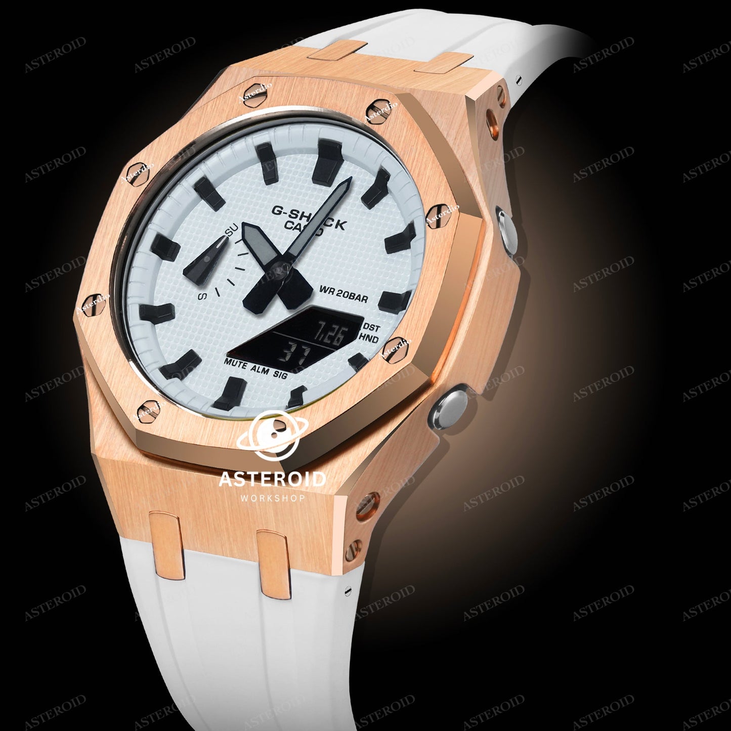 Rose Gold Case Rubber Strap White Black Time Mark White Dial