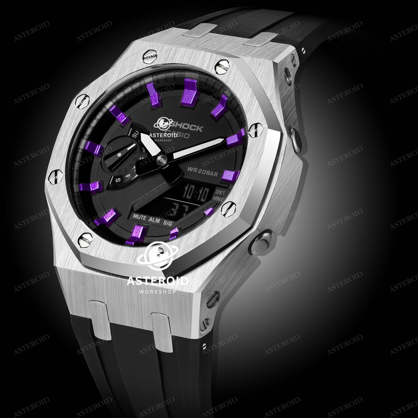 Silver Case Rubber Strap Purple Time Mark Black Dial