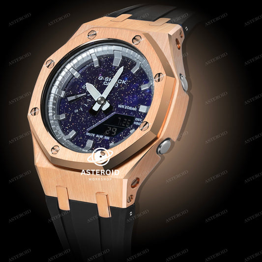 Rose Gold Case Rubber Strap Silver Time Mark Galaxy Dial