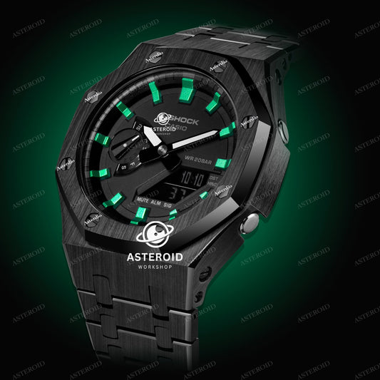 Black Case Metal Strap Green Time Mark Black Dial