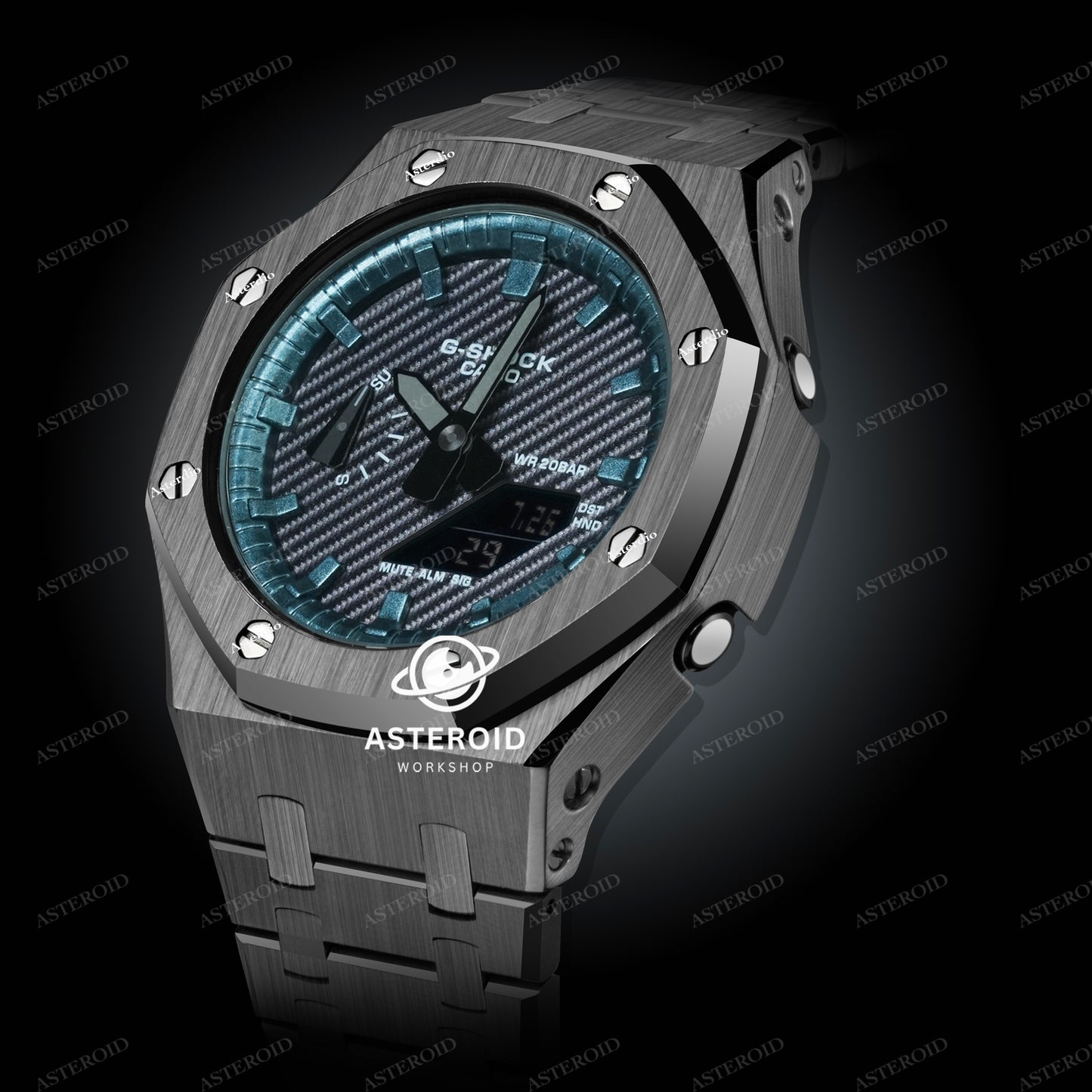 Grey Case Metal Strap Turquoise Time Mark Black Dial