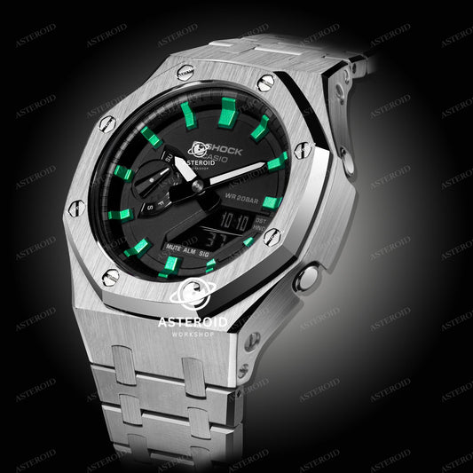 Silver Case Metal Strap Green Time Mark Black Dial