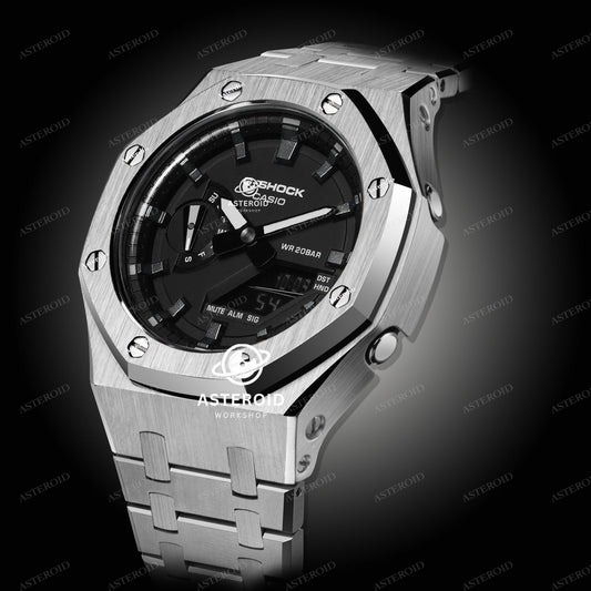 Silver Case Metal Strap Meteorite Time Mark Black Dial