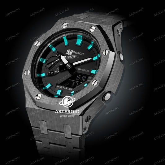 Grey Case Metal Strap Turquoise Time Mark Black Dial