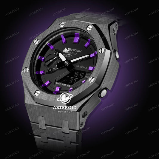 Grey Case Metal Strap Purple Time Mark Black Dial