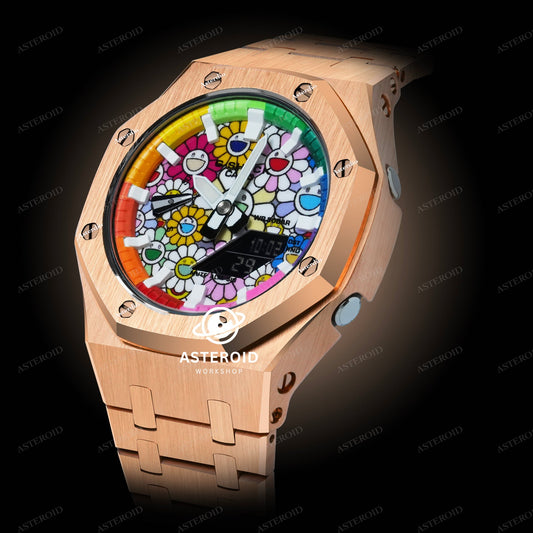 Rose Gold Case Metal Strap Rainbow White Time Mark Takashi Murakami Dial