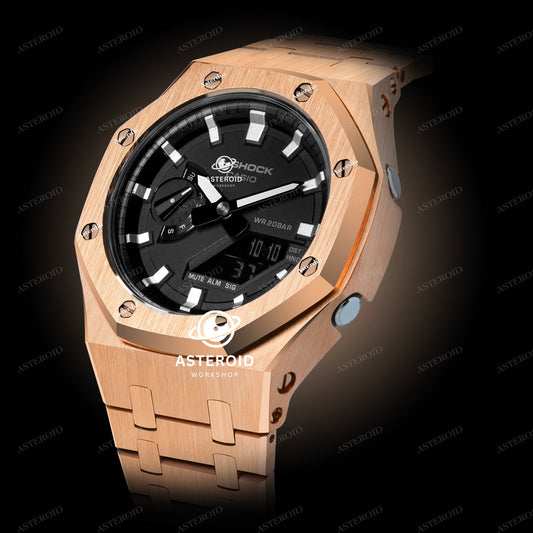 Rose Gold Case Metal Strap Silver Time Mark Black Dial