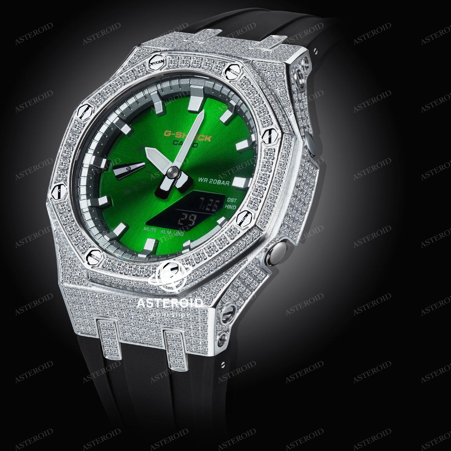 Diamond Case Black Strap Silver Time Mark GreenDial