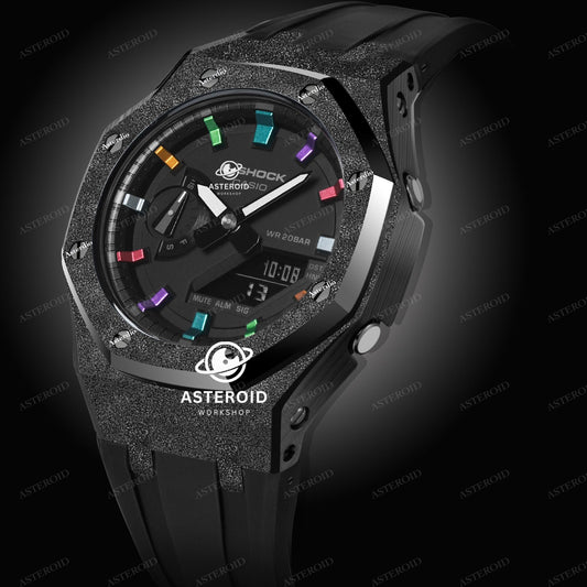 Black Frosted Case Rubber Strap Rainbow Time Mark Black Dial