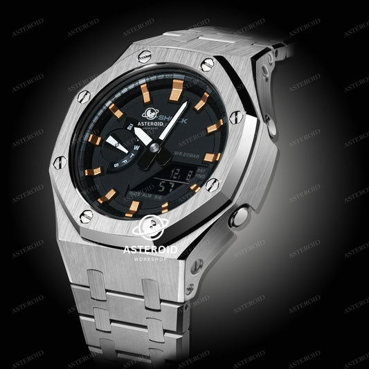 Silver Case Metal Strap Rose Gold Time Mark Black Dial