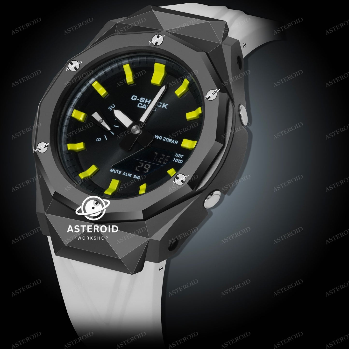 Black Case White Strap Yellow Time Mark Black Dial