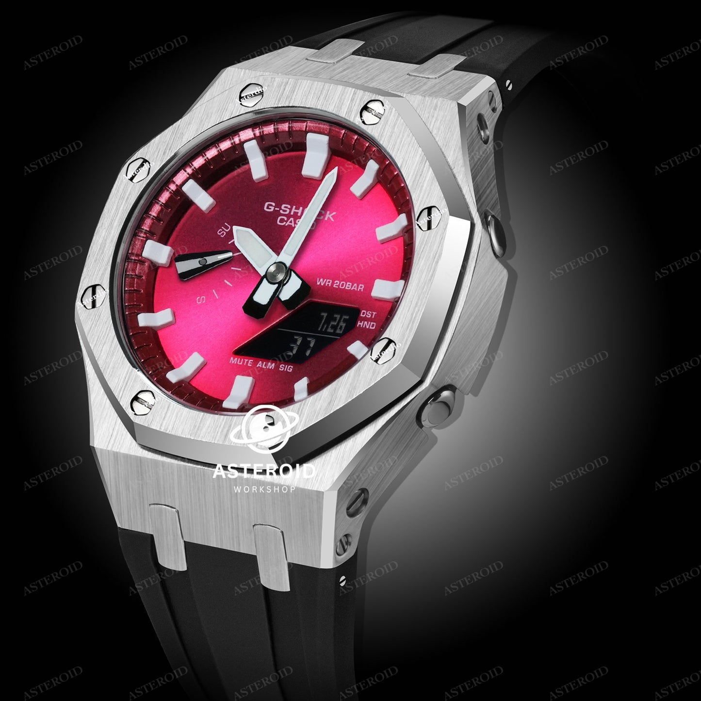 Silver Case Rubber Strap Red White Time Mark Red Dial