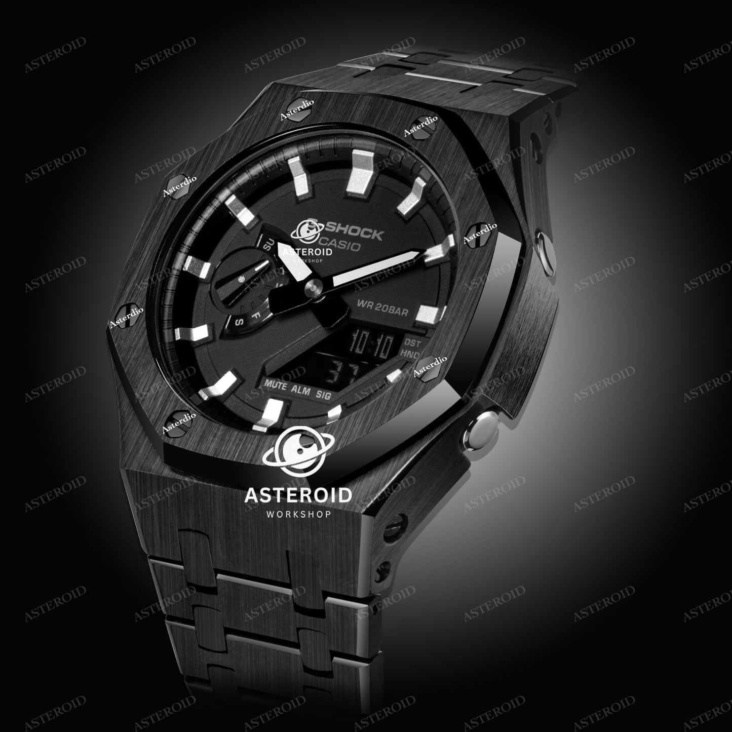 Black Case Metal Strap Silver Time Mark Black Dial