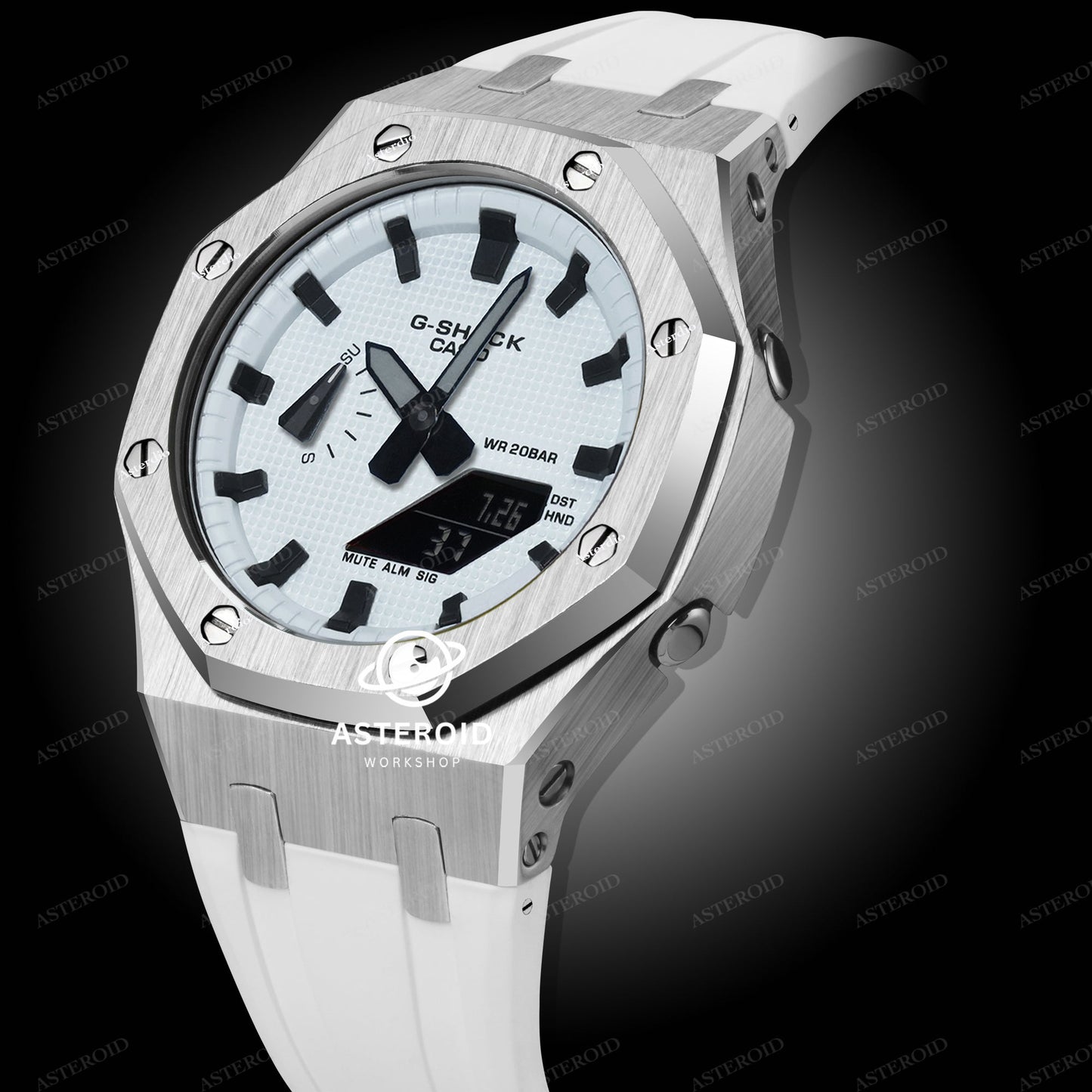 Silver Case Rubber Strap White Black Time Mark White Dial